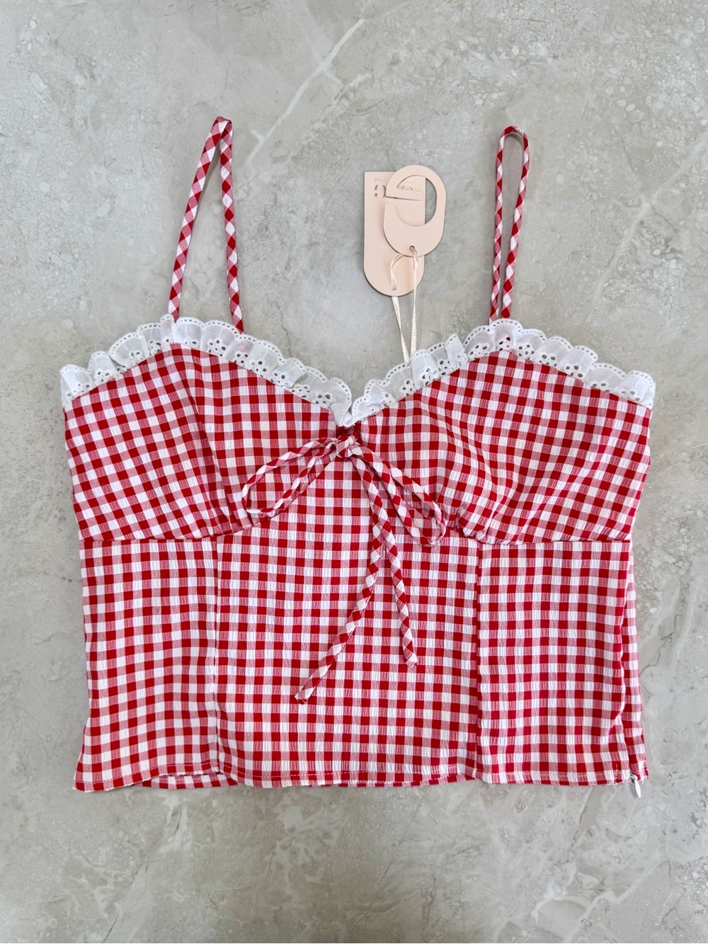 Red Gingham Cami Corset Crop Top Eyelet Lace Trim Size M Cottagecore Coquette